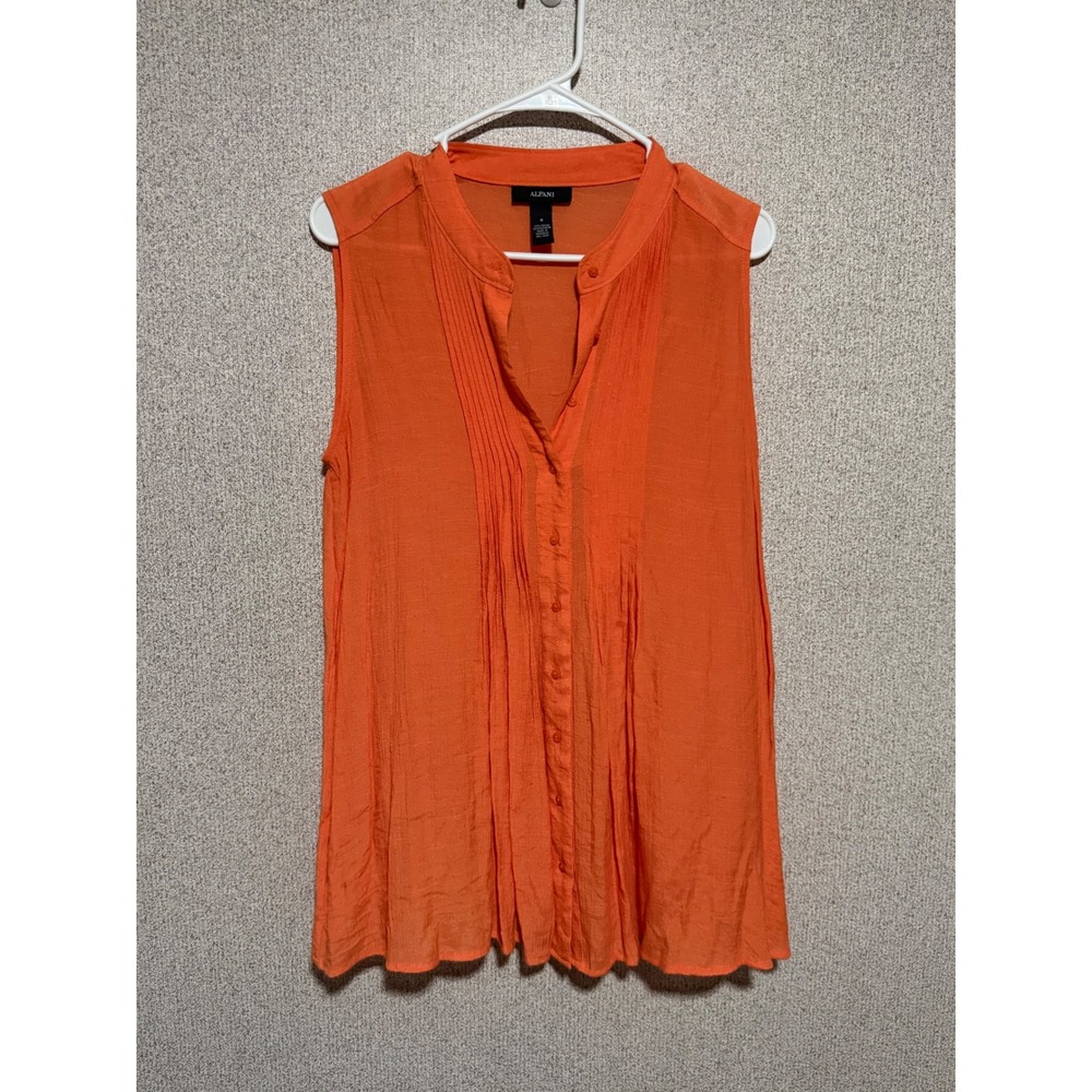 Alfani‎ Womens Orange Pleated Sleeveless Button Down Blouse Top Size 8